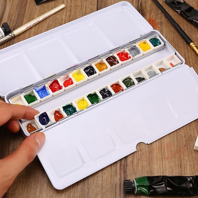 MYARTOOL Empty Watercolor Palette, Colorful Empty Watercolor Tin Palette Paint Case with 24 PCS Empty Half Pans for DIY Travel Watercolor Palette, Acrylic and Oil Painting