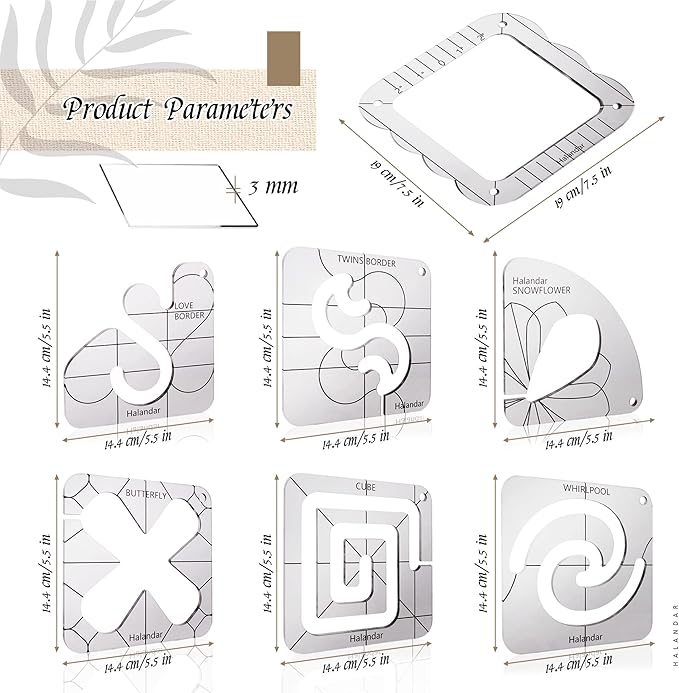 6 Pcs Free Motion Quilting Template Series with 1 Quilting Frame 1 Ruler Foot 15 Non-Slip Mats 1 Instruction, 3mm Acrylic Templates for DIY Quilting Tool on Sewing Machine Ruler