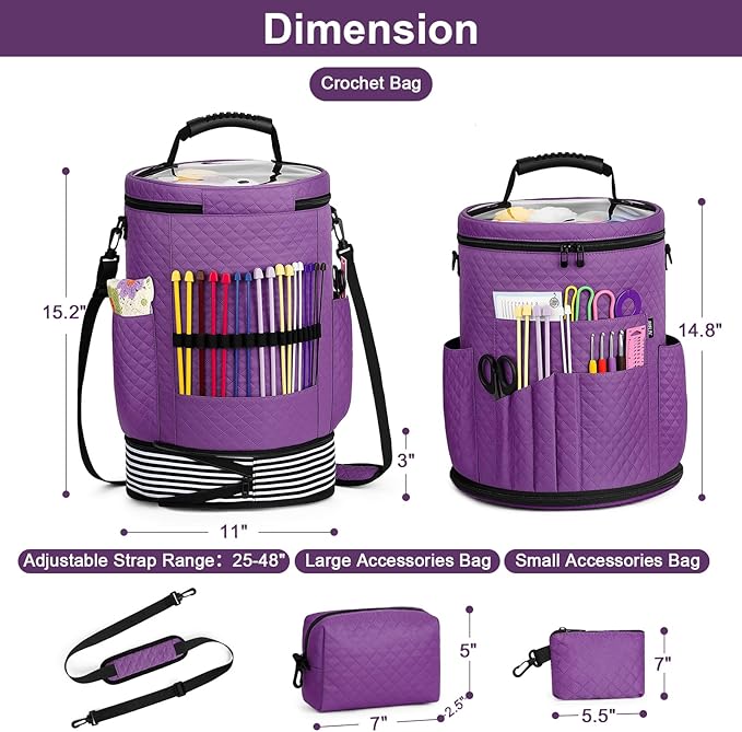 IBFUN Crochet Yarn Knitting Bag 3PCS - Expandable Yarn Storage Organizer Crocheting Bag with Accessories Cases Adjustable Strap for Hooks, Needles, Accessories, Crochet Lovers, Supplies, Beginners