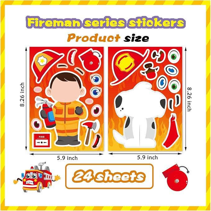 24 Sheets Firefighter Stickers, Make Your Own Firefighting Theme Sticker, Make a Face Fireman Stickers for Classroom Party Favor Rewarded School