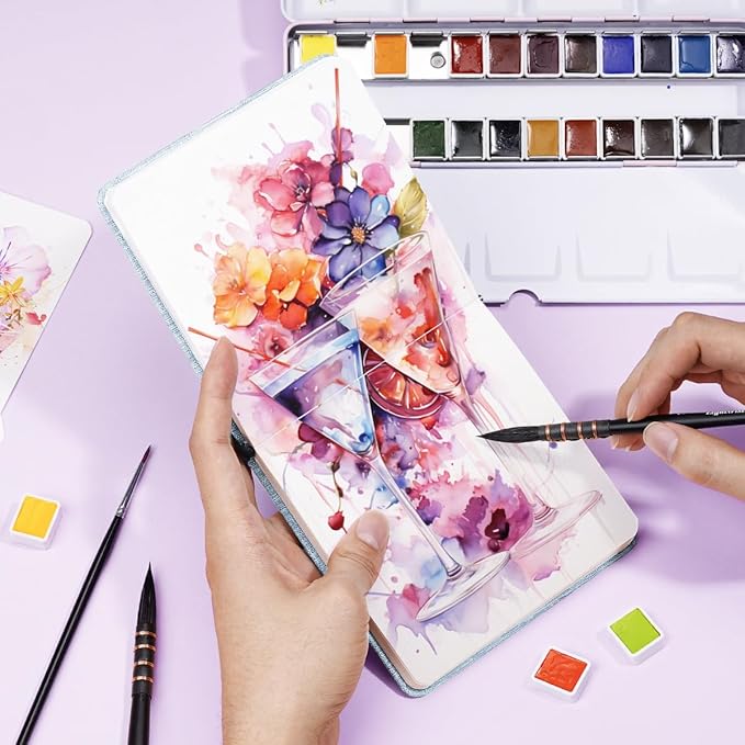 Lightwish Square Watercolor Journal,100% Cotton,300gsm/140lb,Acid-Free,24 Sheets Hot Press Watecolor Paper Sketchbook for Artists Adults Students,4.7 * 4.7 Inches