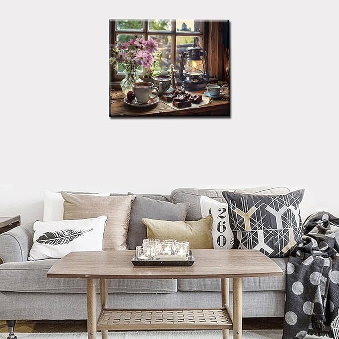 Paint by Numbers Kits for Adults Beginners DIY Oil Painting on Canvas 16x20 Inch Flower and Oil Lamp Acrylic Pigment Watercolor Paint Kits Retro European Style Home Wall Art Decor Gift(Manual Frame)