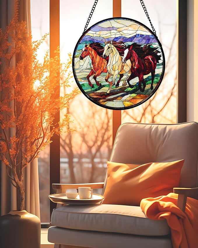 Stained Glass Window Hanging, Galloping Horses Sun Catcher for Door Home Decor Colorful Suncatcher Christmas Mother's Day Birthday Gifts for Women Men Mom and Nana 7.8 in