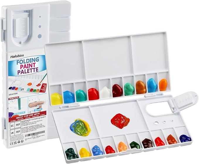 Watercolor Palette, Halobios Paint Palette with 20-Well and 5 Mixing Areas, Folding Paint Tray with Thumbhole and Paint Brush Holder, Plastic Painting Palette for Children Beginners Artists(1 Pack)