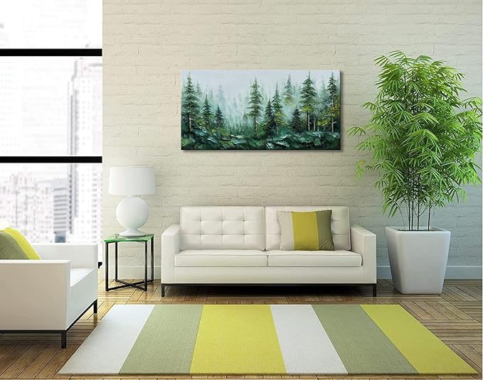 Alenoss Hand Painted Modern 3D Abstract Oil Painting 24x48 Inches Large Forest Landscape Textured Canvas Wall Art Green Artwork for Wall Decoration