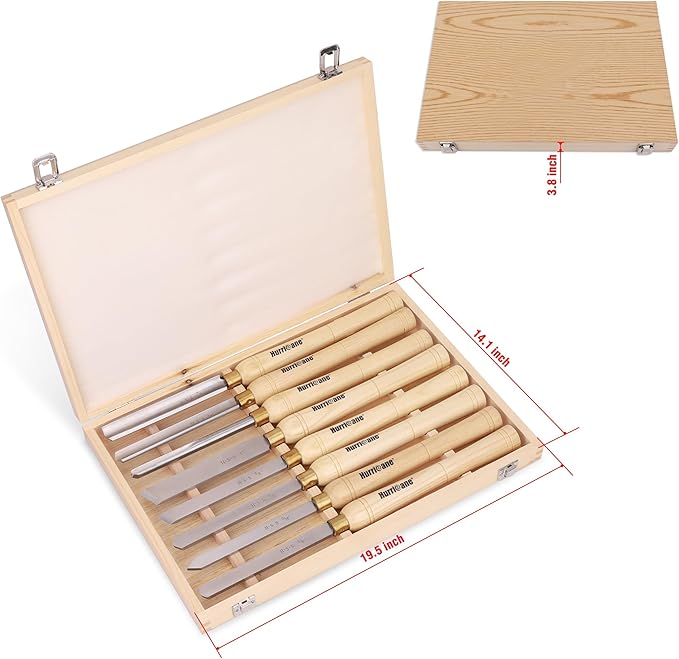 HURRICANE 8pc Wood Lathe Chisel Set with Wooden Box - HSS Wood Turning Tools for Woodworking - Perfect Tools for Precision Cutting and Smooth, Detailed Projects