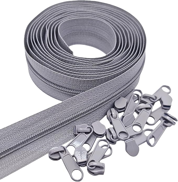 MebuZip #3 Nylon Coil Zippers by The Yard Bulk Zipper Roll Zipper Tape 10 Yards with 25pcs Pulls for Sewing Tailor DIY Craft Bags Pillows (Grey 10Yards)