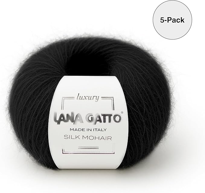 5 Skeins, Silk Mohair Luxury Yarns, Premium and Soft Blend for Knitting and Crocheting, Made in Italy (Black - 6037, 5)