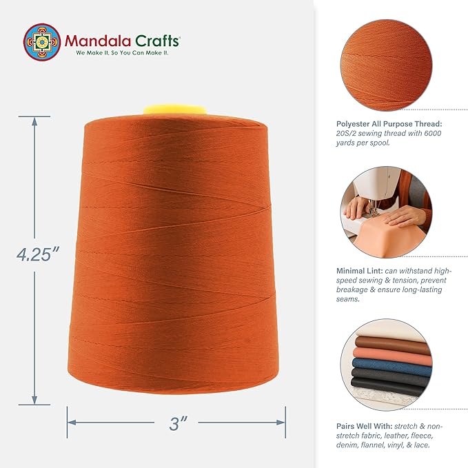 Mandala Crafts 4 Pack of Serger Threads Cones Spools - 20S/2 24000 Yards Polyester Burnt Orange Threads for Sergers Machine and Overlock Quilting Sewing Machine