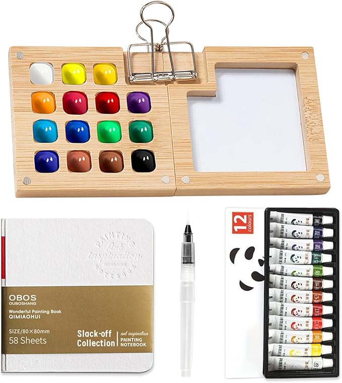 Mini Watercolor Paint Set Pocket Artist Watercolor Travel Set with Mini Paint Palette,Brushes, 12 Colors, Watercolor Sketchbook for Artists Painters Students(Bamboo)