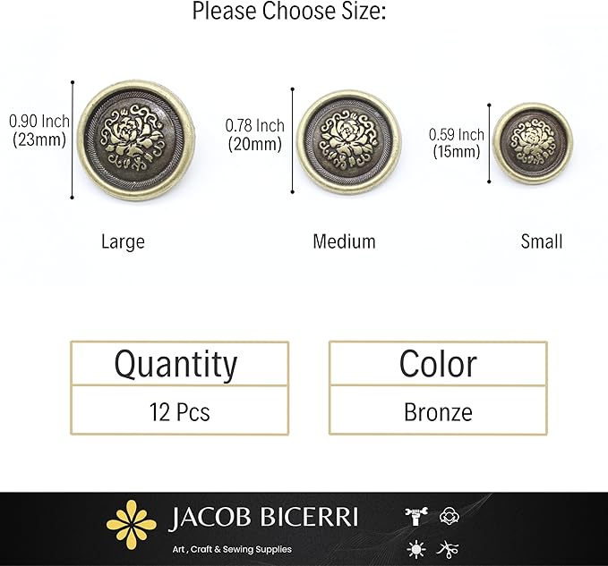 Bronze Metal Shank Buttons - 12 Pcs - 3 Size Options - Floral Round Metal Shank Buttons for Men Women Blazer Coat Uniform Shirt Suit and Jacket Sewing Craft DIY N17902