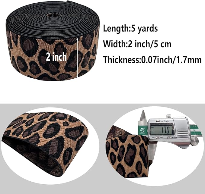 Dortrue 2 Inch 5 Yards Leopard Print Sewing Elastic Band Heavy Stretch High Elasticity Elastic Spool for Sewing Pants Waistband, Straps, Craft DIY Projects