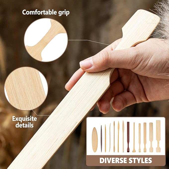 13-Piece Wooden Clay Sculpting Tools Set, Clay Paddle,Modeling Pottery, Multi-Shape Carving & Smoothing for Pottery, Ceramics, Handbuilding – Smooth Polished Beechwood – Ideal for Artists & Beginners