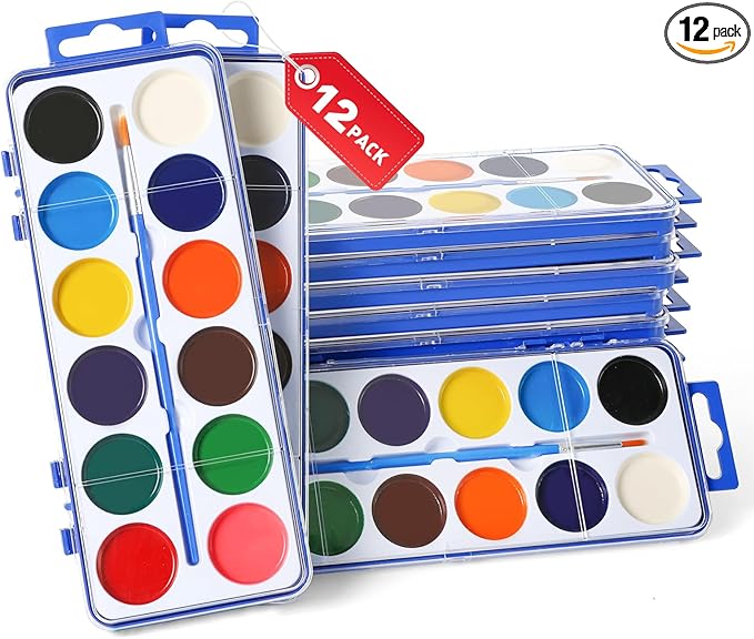 12 Pack Watercolor Paint Set for Kids, 12 Colors Water color paint sets for kids with Paint Brush, Kids Watercolors Paint Set for Party Favor, Classroom.