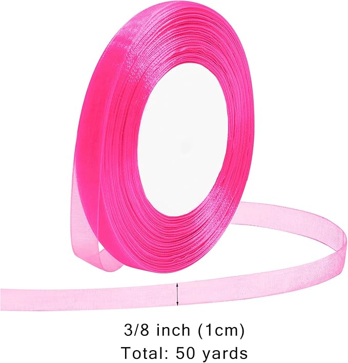 Hot Pink Ribbon for Gift Wrapping 3/8 inch Sheer Organza Ribbon for Flower Bouquet Tulle Chiffon Ribbons for Wedding Invitations Christmas Halloween Decorations Crafts 50 Yards