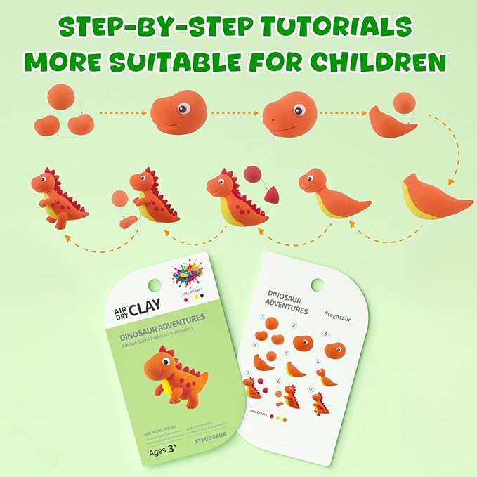 Air Dry Clay for Kids - 6 Dinosaur Themed Modeling Clay Kit, Model Magic Clay with Sculpting Tools and Tutorials, Ultra Light & Soft, Non-Toxic & Safe, DIY Arts and Crafts School Projects for Kids