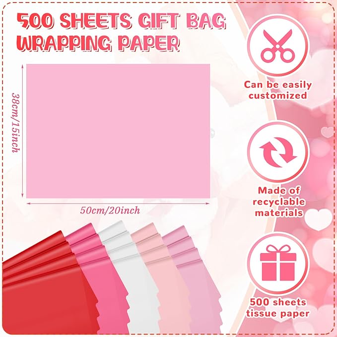 Qilery 500 Sheets Valentine's Day Pink White Tissue Paper Bulk for Gift Bags 15 x 20 Inch Acid Free Packaging Wrapping Paper Sheets for Valentine's Day Wedding Decoration DIY Flowers, Pom Poms Crafts