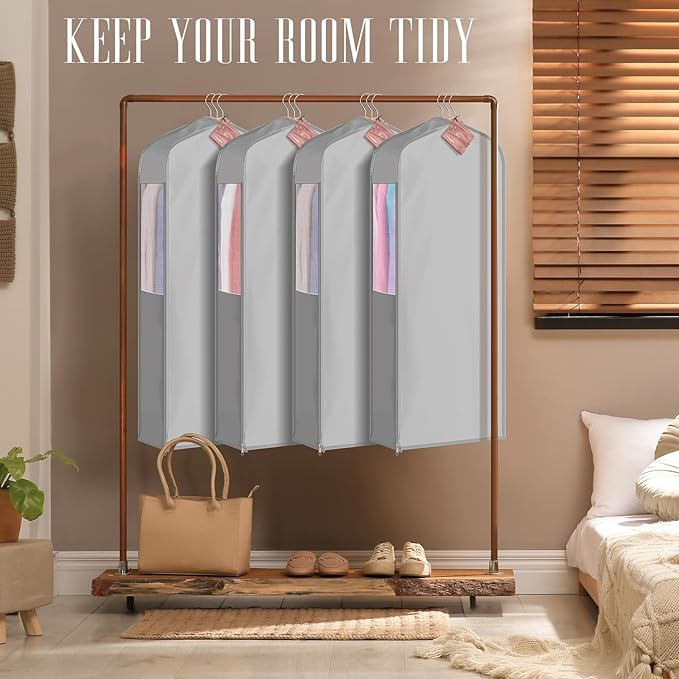 40" Short Cotton Garment Bag for Hanging and Storage Clothes with 4 Cedar Blocks for Fresh Smell, Breathable Hanging Bags for Closet Storage Fur Coat Suit Sweater Jackets, 6'' Wide, Gray