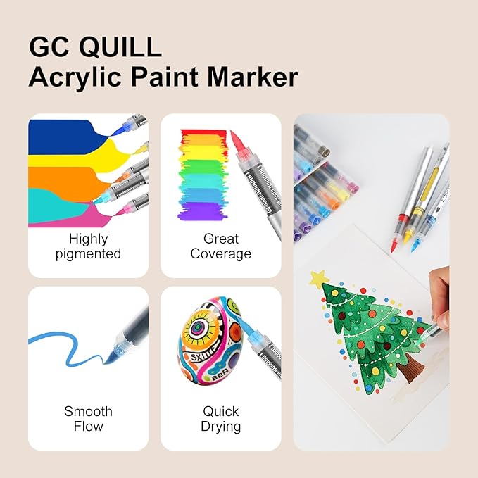 GC QUILL Acrylic Paint Markers – 48 Colors Acrylic Paint Pens with Brush Tip for Wood, Glass, Canvas– Acrylic Markers Set for Adults, Artists GC-AM48