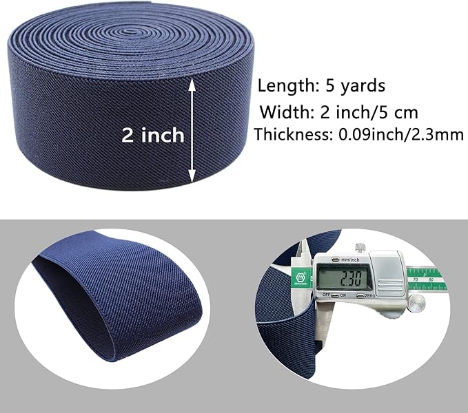 Dortrue 2 Inch 5 Yards Navy Blue Sewing Elastic Band Heavy Stretch High Elasticity Elastic Spool for Sewing Pants Waistband, Straps, Craft DIY Projects