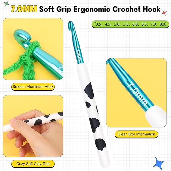 Katech Ergonomic Crochet Hook, Aluminum Soft Grip Crochet Hooks for Beginners and Arthritic Hands, Soft Clay Crochet Needle with Cow Motif and Bead Chain-Ideal Gift for Crocheter (7.0mm)
