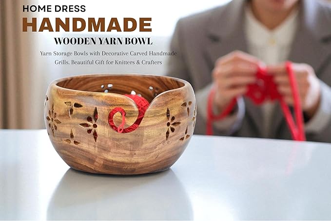 Large Yarn Bowl for Crocheting, Indian Rosewood Knitting Wooden Large Yarn Bowl Holder, Handmade Crocheting String Storage Holder, Knitting Crochet Accessories. (Brown)