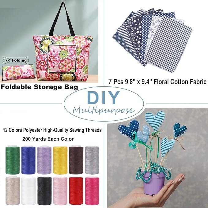 Sewing Machine for Beginners, Electric Mini Portable, 12 Built-in Stitches with Reverse Sewing, 2 Speeds Double Thread with Foot Pedal, Storage Bag, Cotton Fabric and Threads(Premium Set)