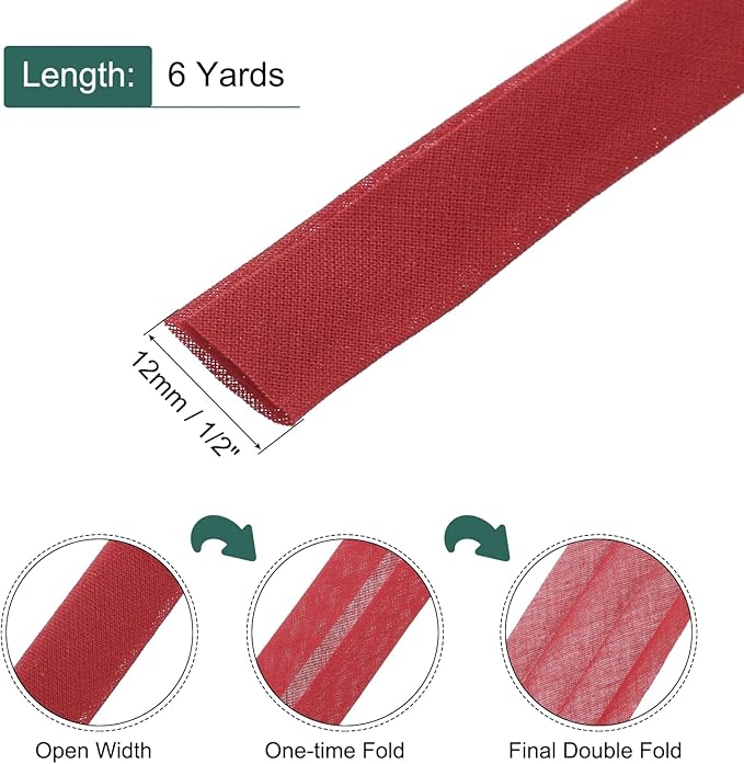 MECCANIXITY 1/2 Inch Double Fold Bias Tape Continuous Bulk Cotton Bias Tape for Sewing Seaming Quilting Hemming Binding Crafts (Dark Red 6 Yards)