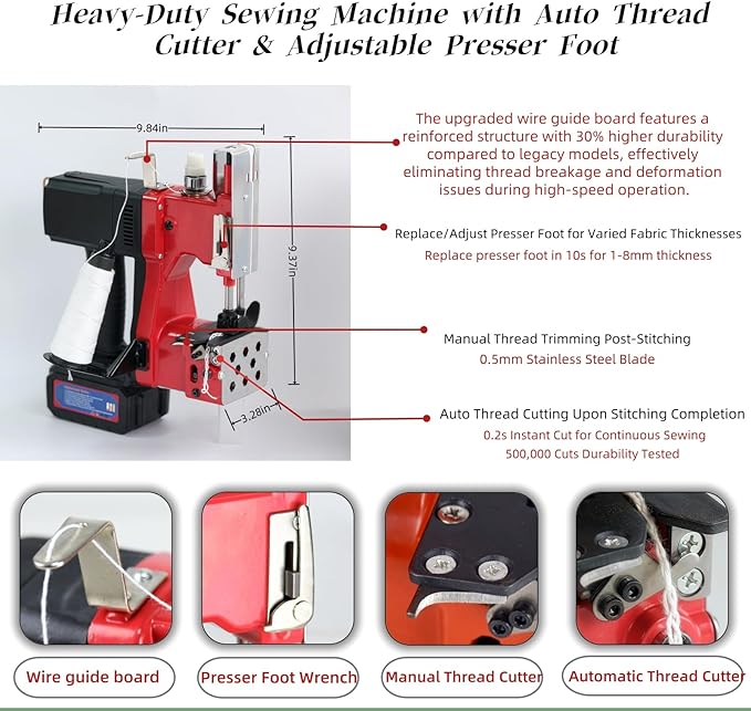 Cordless Bag Sewing Machine | Portable Industrial Bag Closer | 2-Second Fast Sealing for Woven PP/Canvas/Jute Bags | Factory & Farm Bag Stitcher (Red, Lithium Battery - 36V DC)