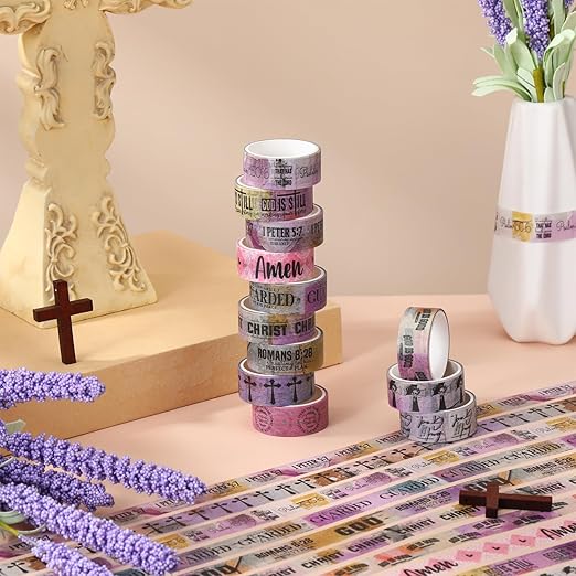 Janlaugh 24 Rolls Christian Washi Tape Gifts Bulk Religious Inspirational Scripture Supplies Purple Bible Verse Washi Tape for Bible Journaling Study Crafting New Year DIY Gifts