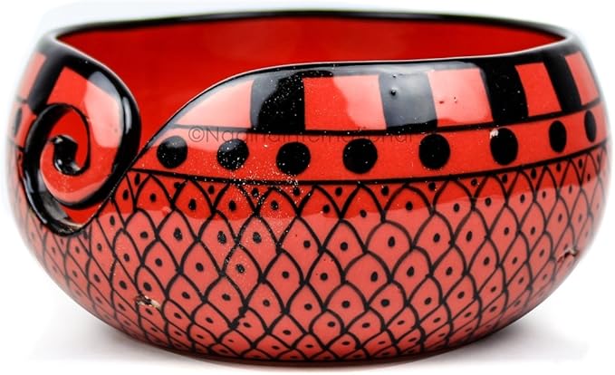 Nagina International Ceramic Attractively Hand Painted Gorgeous Stoneware Yarn Ball Storage Bowl With Innovative Dispensing Curl | Knitting & Crochet Accessions (Large, Tomato Grill)