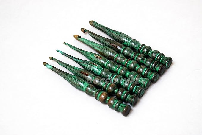 Handmade Ergonomic Wooden Crochet Hooks for Arthritic Hands (Set of 7) Needles for Yarn Accessories | Size 4 mm to 10 mm with Engraved | Yarn Tool (Green)