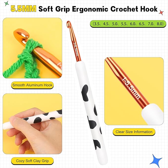 Katech Ergonomic Crochet Hook, Aluminum Soft Grip Crochet Hooks for Beginners and Arthritic Hands, Soft Clay Crochet Needle with Cow Motif and Bead Chain-Ideal Gift for Crocheter (5.5mm)