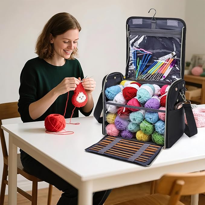 Crochet Bag with Hanging Hook - Portable Yarn Storage Bag, Large Capacity Door Room Essentials Travel Organizer for Crochet Hooks, Crochet Accessories, Black