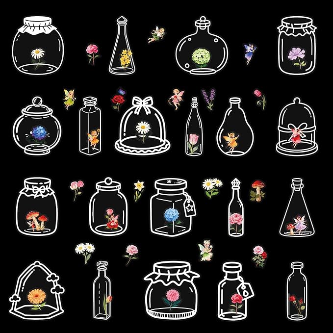 50Pcs Flowers in a Clear Bottle Stickers for Kindle, Laptop, Refrigerators, Scrapbooking, Journal, Photo Album, Suitcase, Waterproof PET Transparent Aesthetic Decals