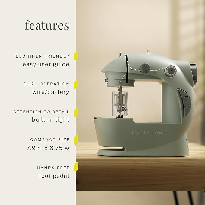 Hearth & Harbor Mini Sewing Machine for Beginners, Dual Speed Small Portable Sewing Machine for Kids and Adults with Extension Table, 48 Piece Gift Set Includes, Pedal, Projects Book and More, Green