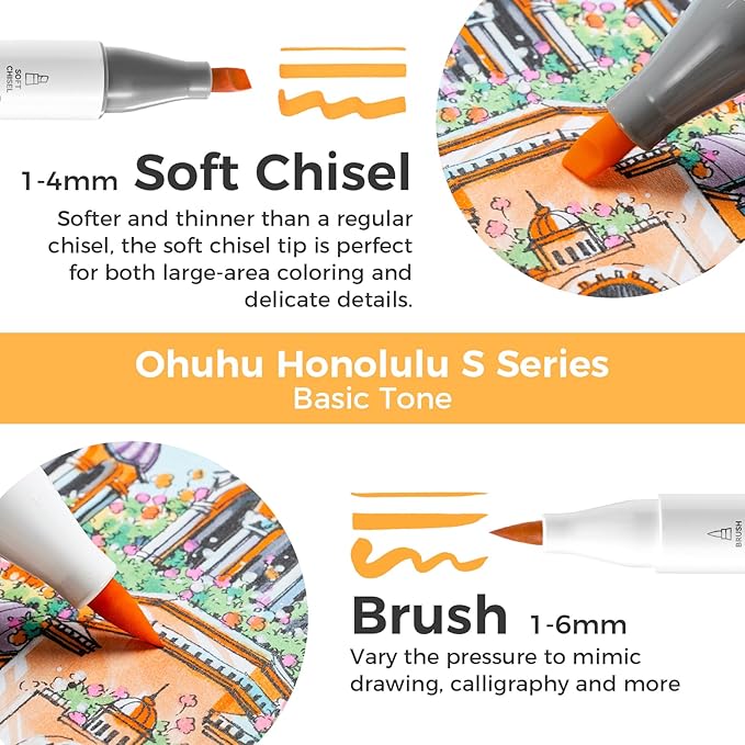 Ohuhu Alcohol Markers Brush and Soft Chisel: AP Certificated 48-color Dual Tips Drawing Markers for Artists Beginners Adults Cozy Coloring Illustration Sketching - Honolulu S - Refillable