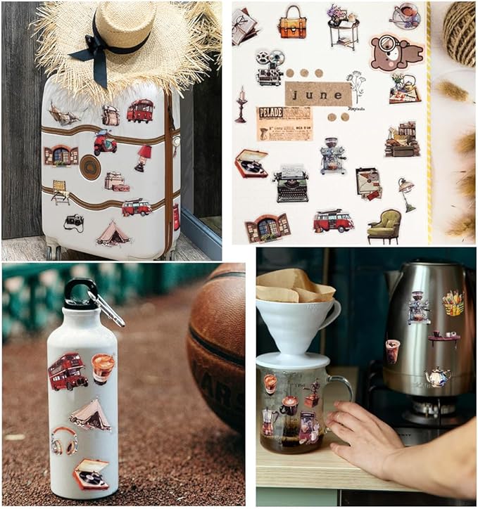 160 PCS Vintage Stickers, Retro Aesthetic Decals Set, PET Clear Waterproof Resin Stickers, Travel Foods Books Past Things Stickers for Scrapbook Diary Bottle Journals Laptop Crafts Planners