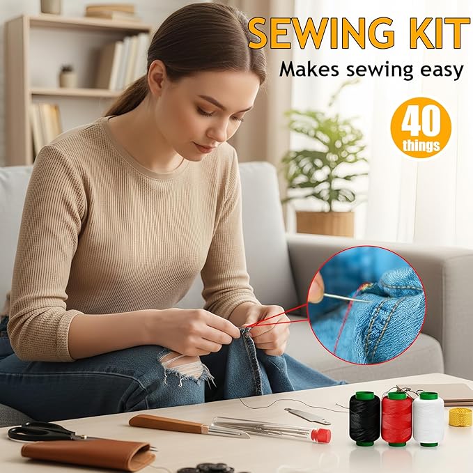 40 Pcs Big Eye Stainless Steel Hand Sewing Kit with Measuring Tape – Portable Needle and Thread Set with Thimbles & Threaders for Home, Travel & Emergency Repairs