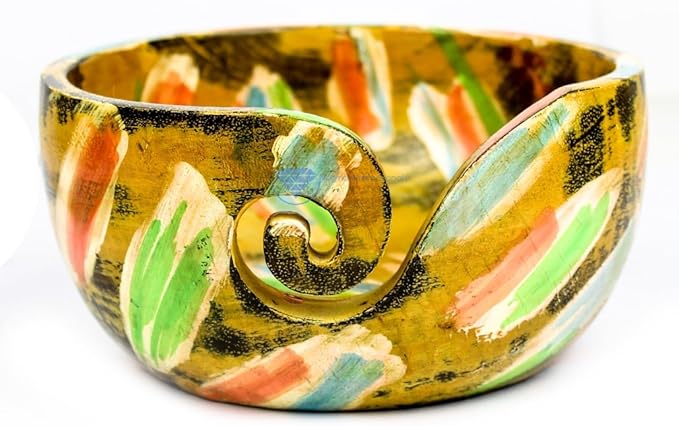Nagina International Exquisite Premium Yarn Ball Storage Bowls | Hand Painted Lovely Decor Yet Functional Yarn Dispenser (Small ( 6 x 3 x 6 Inches), Tri-Yellow)