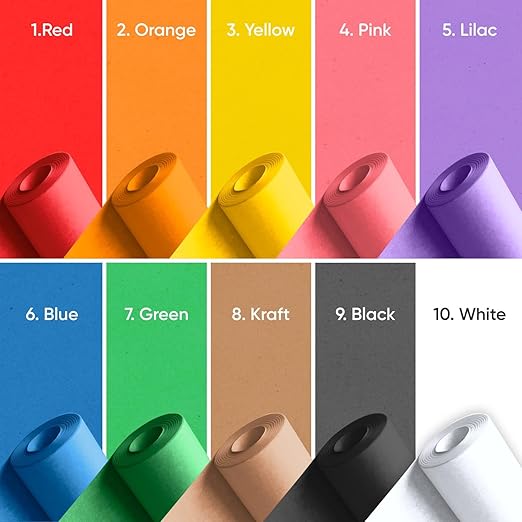 9" x 1200" USA-Made Multi-Color Kraft Paper Rolls, 45 lbs/66 GSM, 10 Rolls Set - Colored Kraft Paper for Packing, Crafts, DIY Projects, Gift Wrapping - Non-Toxic, Safe for Kids