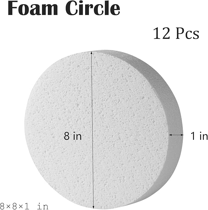 12-Pack 8 Inch Foam Circles, 1" Thick, Round Foam Discs for DIY Projects, Cakes Decorations, Sculpture, Modeling, Arts and Crafts Supplies. 8×8×1 inch
