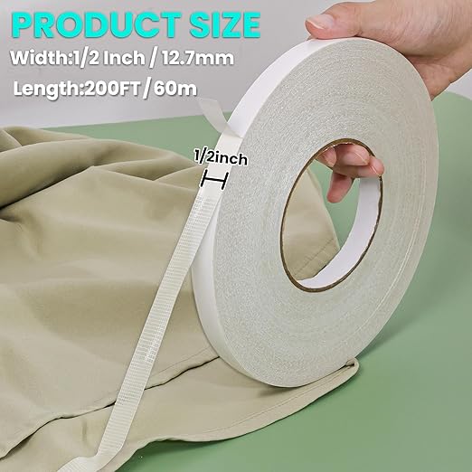 Birllaid White No Sew Hemming Tape Double Sided,Sticky Strong Adhesive Cloth Leather Tape Press-on Tape, No Ironing, Gluing, Alterations and Hemming,Easy to Remove 1/2 Inch x 200 Feet