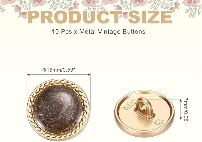 MECCANIXITY Metal Vintage Gold Button 15mm Round Metal Sewing Button Alloy Shank Replacement for Women's Suit Woolen Coat Shirt Dress Sewing Brown Pack of 10