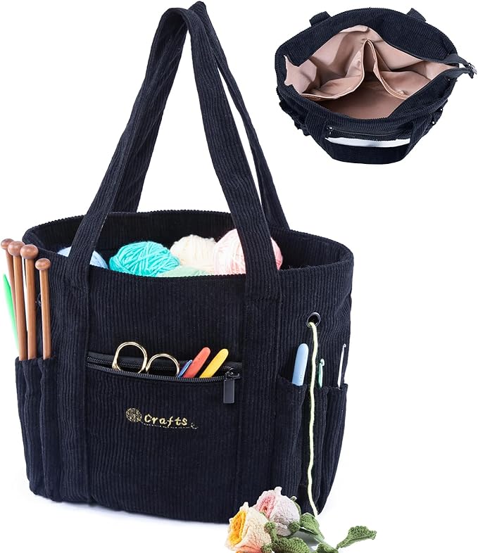 Crochet Bag and Tote - Corduroy Yarn Bag - Yarn Holder for Crocheting - Crochet Storage Bag for Crochet Hooks, Crochet Accessories, Knitting Bag for Crochet Lovers, Mother's Day Gift