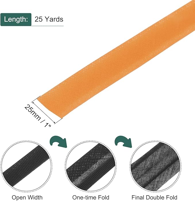 MECCANIXITY 1 Inch Double Fold Bias Tape Polyester Continuous Bulk Bias Tape for Sewing,Seaming Quilting Hemming Binding Crafts (Orange 25 Yards)