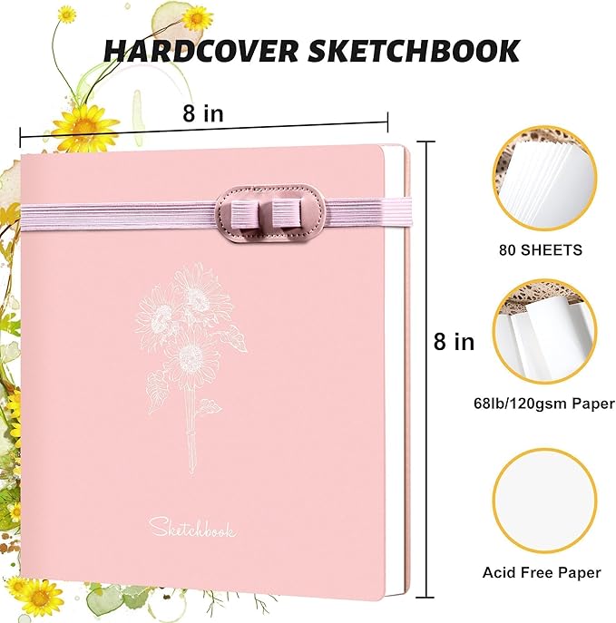 Yoment Hardcover Sketch Book, Sketchbook for Drawing with 2 Pencils, 150GSM Thick Paper, Square Art Sketch Book Drawing Paper Book 160 Pages Sketch Pad Journal for Women Adults,Gift Boxed, Pink