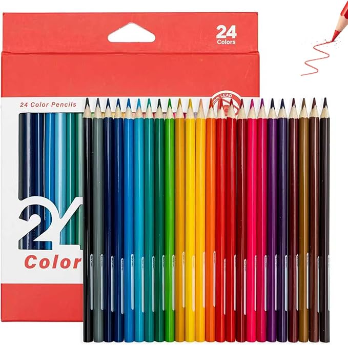 24 Colored Pencils Set – Soft Core, Pre-Sharpened, Break-Resistant – Ideal for Coloring Books, Drawing, Sketching, School Art Supplies (Classic Colors)