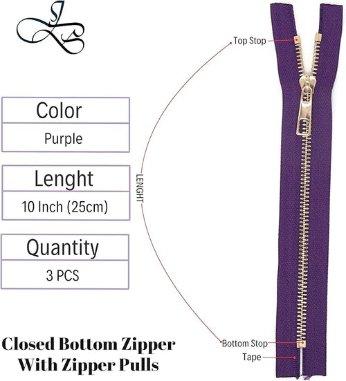 #5 Gold Metal Zipper - 50+ Colors - 3 PCS - (4-14 inches) Sizes - Luxury Lightweight Handcraft Metal Zippers with pulls for Purses Bags Pockets Shoes Sewing & Crafts DIY ZP022410
