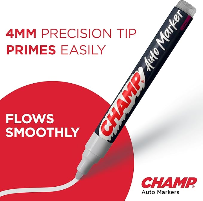 CHAMP Auto Markers Pack of 6 – 4mm Tip, Works on Multiple Surfaces, Smudge-Proof, Weather-Resistant, Washable Markers for Auto Shops, Mechanics and Detailing - Red